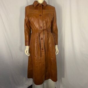 Vintage 1970s Cognac Brown Genuine Leather Belted Trench Coat — Full-Length Mid-